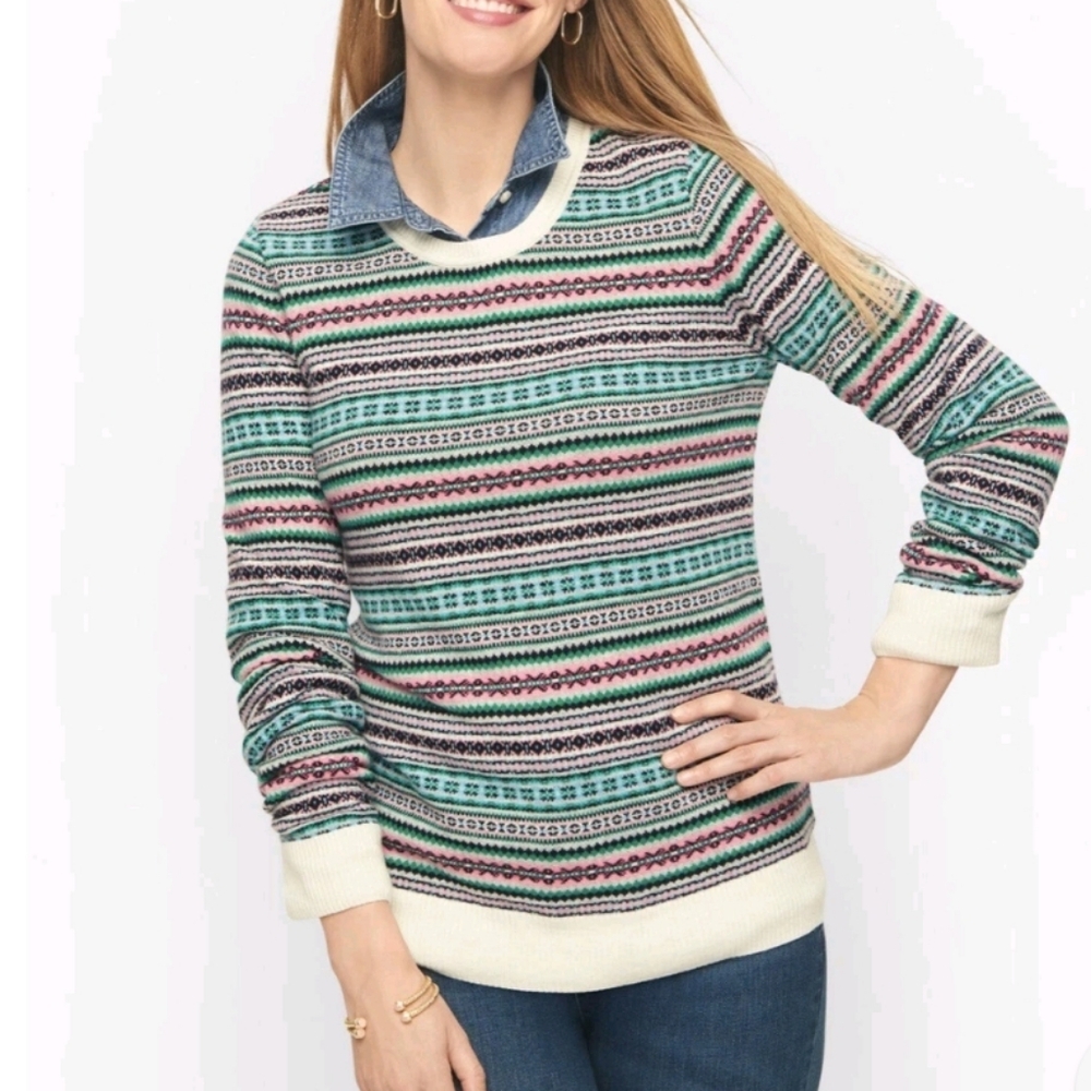 Talbots Multicolor Fair Isle Wool Nylon Lamb Wool‎ Stripe Crew Sweater XL